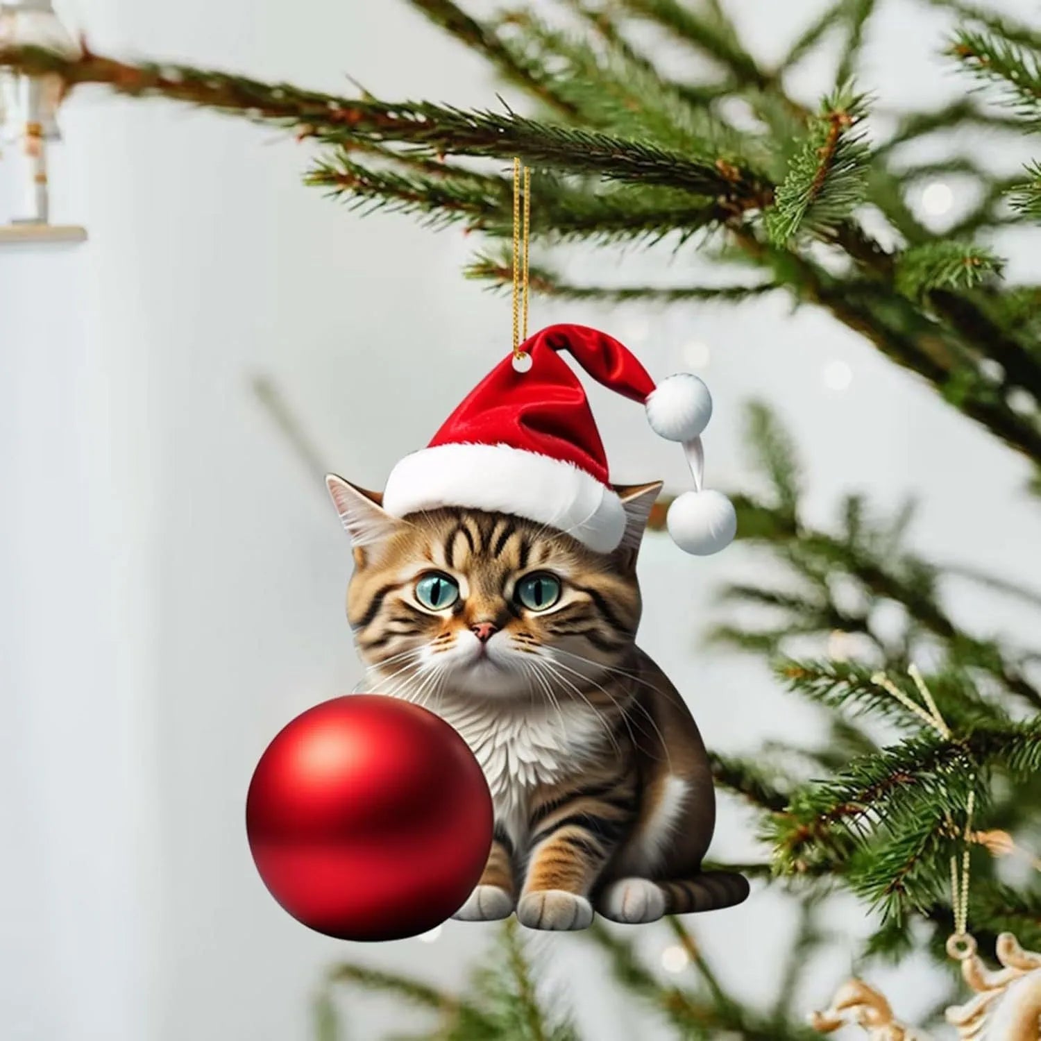 Christmas-themed cartoon cat car hanging ornament made of clear acrylic, shown in one of ten colour variants.