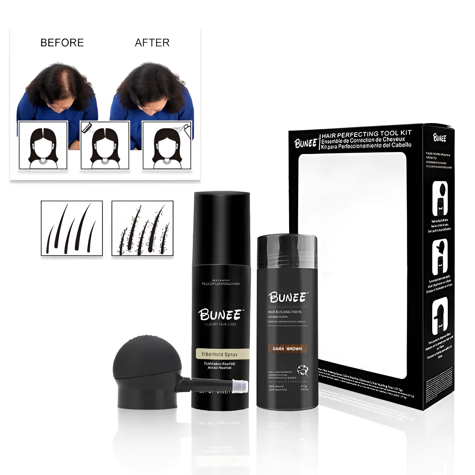 Hair fibre powder kit with 275g canister, styling spray bottle, and applicator nozzle for thinning hair.
