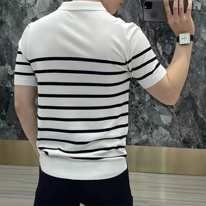 Black and white striped pullover T-shirt with lapel design in Asian sizes M to 3XL