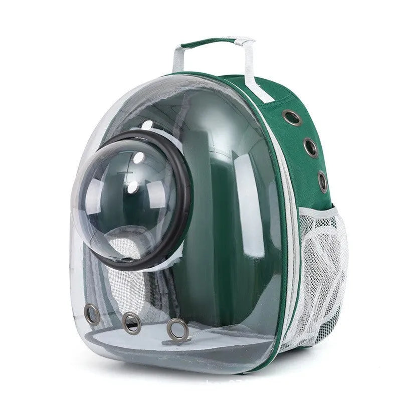 Grey PC astronaut-style pet carrier backpack with side-opening door for a cat.