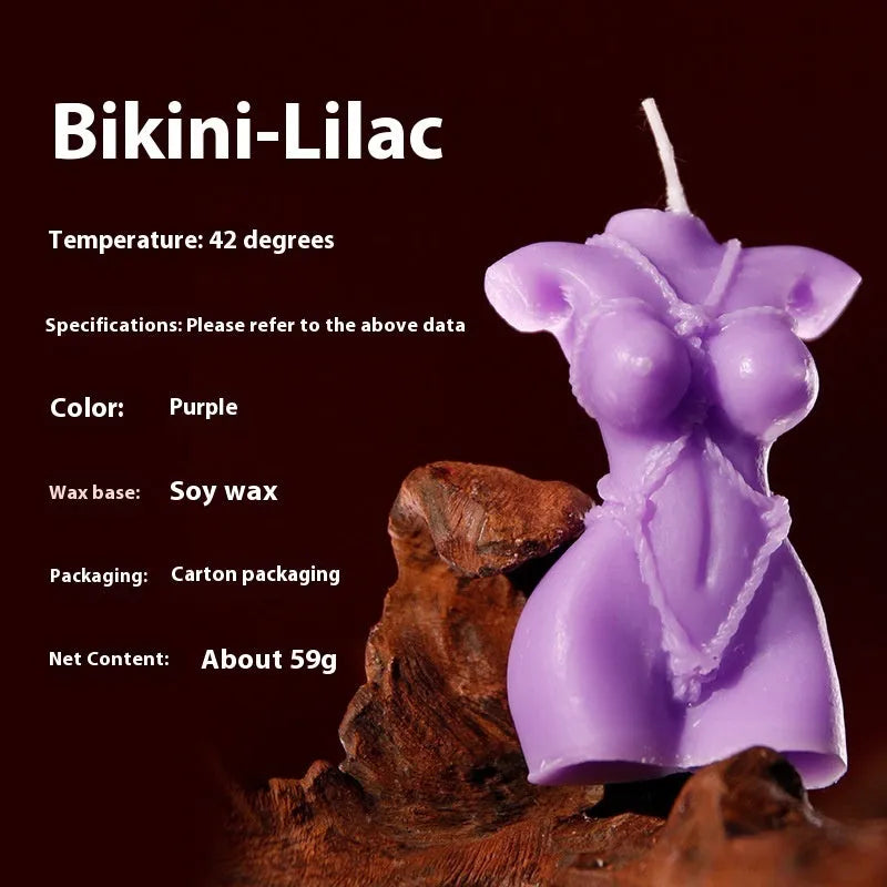 Smsexy low temperature soy wax candle in a bikini-shaped vessel, shown in Rose Red, Spring Pink, and Lilac Purple colours.