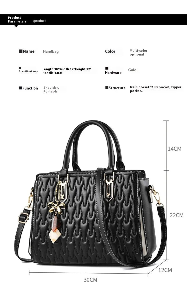 Women's large-capacity polyester messenger bag in black, showing pocket sandwich organisation