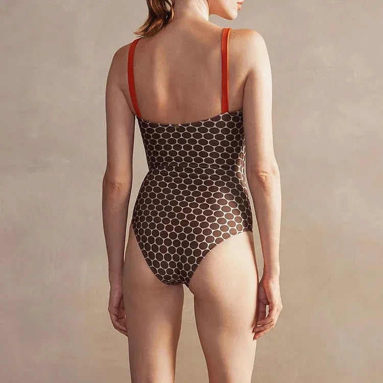 Women's printed dots pattern one-piece swimsuit with matching wrap skirt set