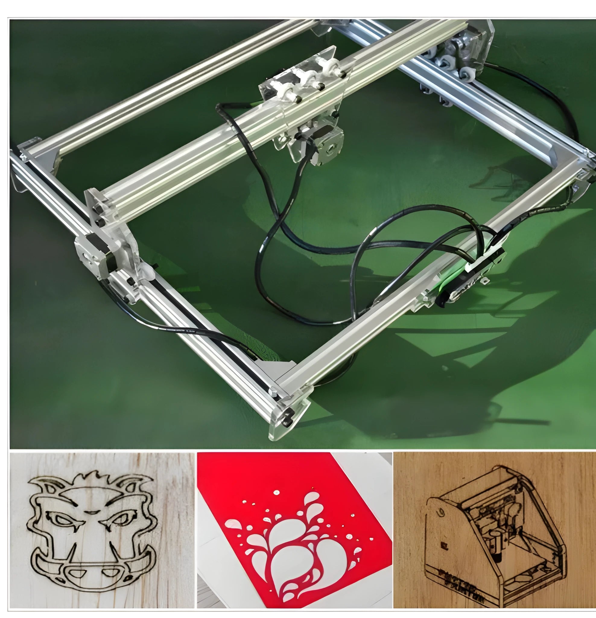 Miniature 3000mW laser engraving machine on a 400mm by 300mm base plate.