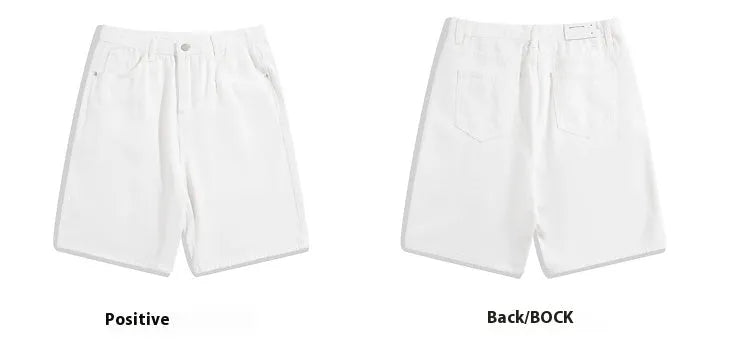Men's light blue denim shorts with straight legs and five-pocket design on a mid waist.