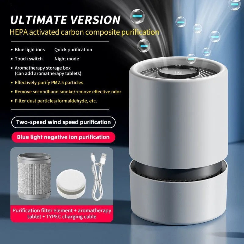 White desktop air purifier model EJ-JHQ101 with USB cable and aromatherapy tablet on a desk.