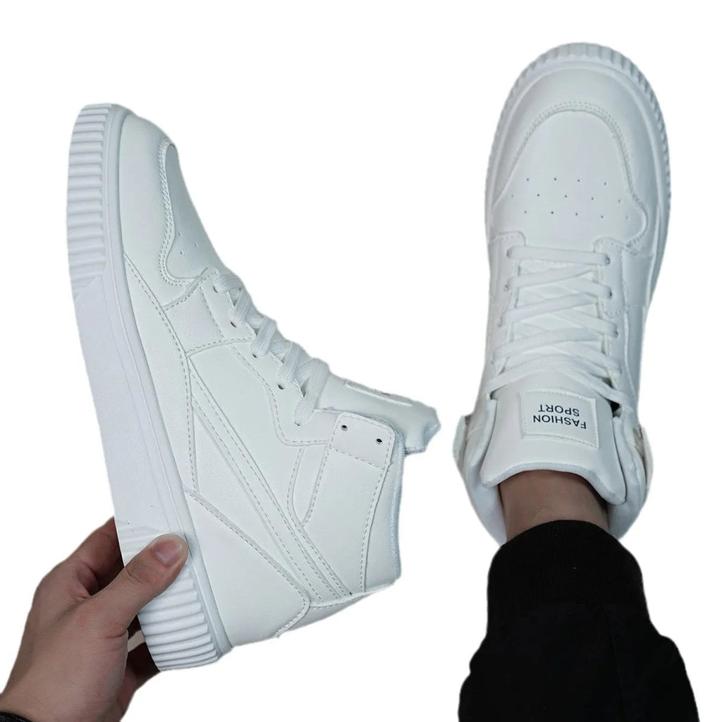 White microfiber men's casual shoes with round toe design for autumn and winter leisure wear