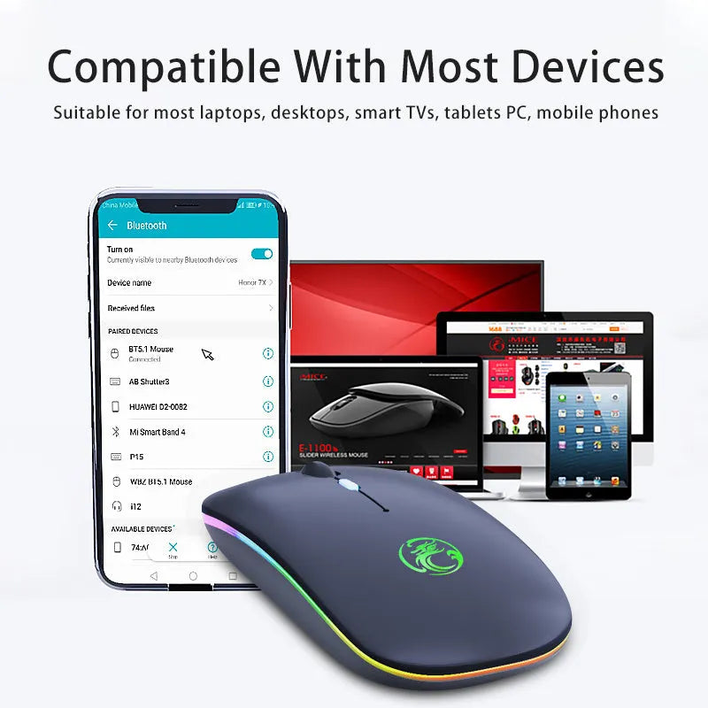 Black and white luminous wireless mouse with blue glowing scroll wheel indicating low battery