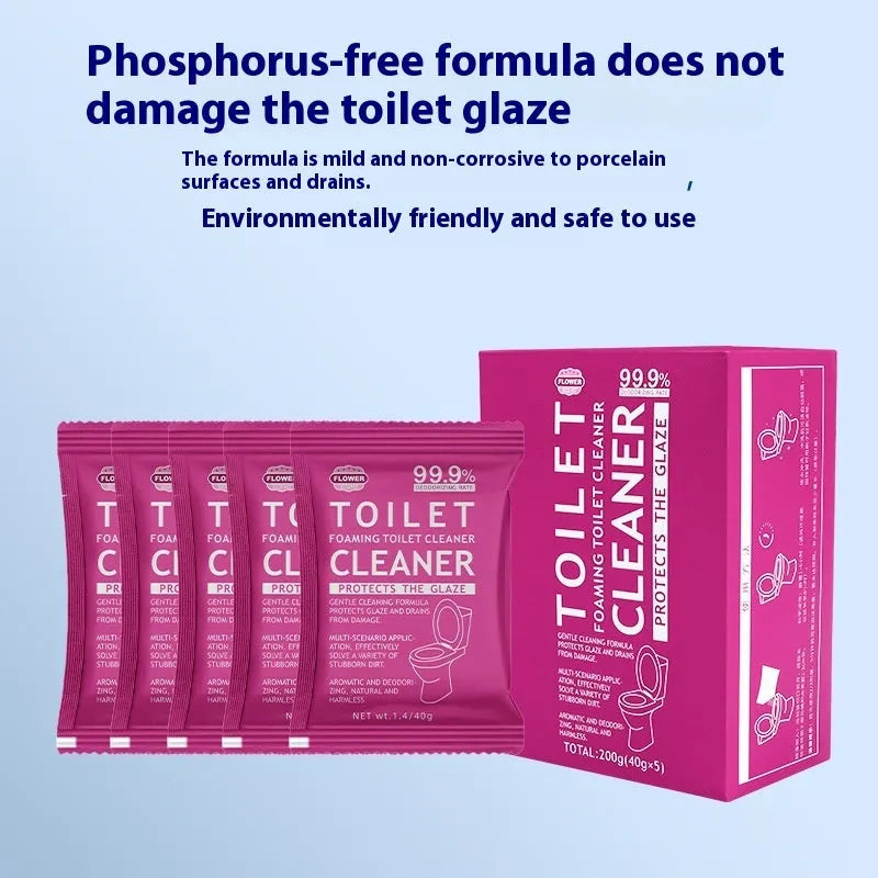 Toilet bubble powder descaling cleaner in blue ocean and pink floral fragrance, showing 240g bag and box of 5 sachets.