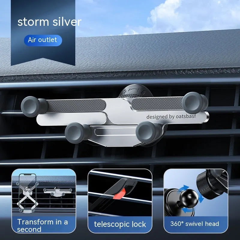 Invisible alloy car phone bracket showing air vent and dashboard mounting options in black, silver and grey colours