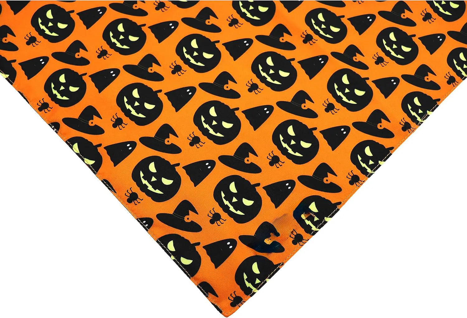Reversible Halloween dog bandana showing pumpkin and spider web designs in black and orange colours with adjustable neck closure