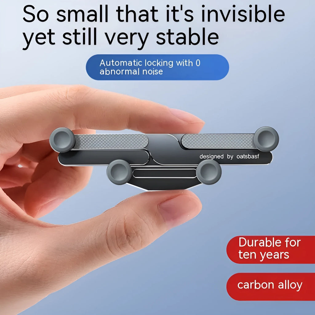 Invisible alloy car phone bracket showing air vent and dashboard mounting options in black, silver and grey colours