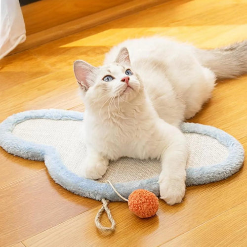 White cat scratching mat with sleeping cat cartoon design made from natural sisal fibres