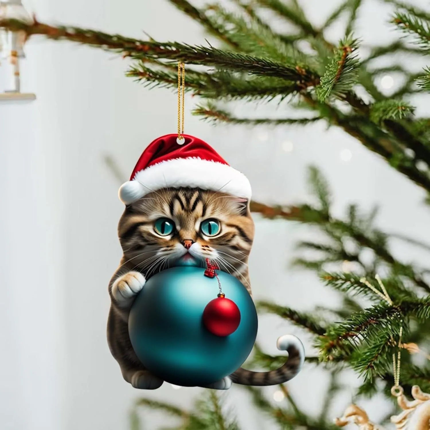 Christmas-themed cartoon cat car hanging ornament made of clear acrylic, shown in one of ten colour variants.