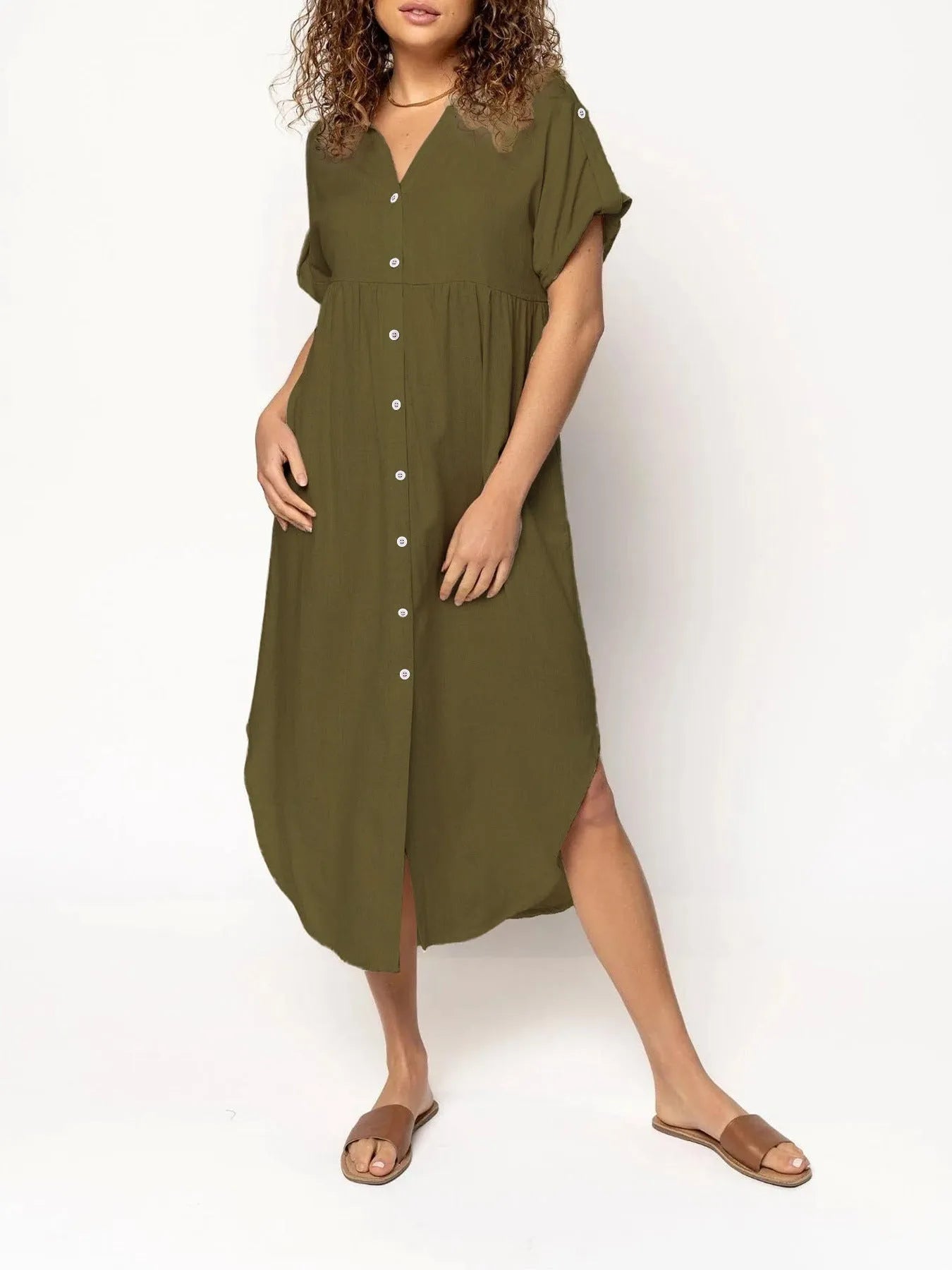Button-front mid-length casual dress in loose fit available in multiple solid colours
