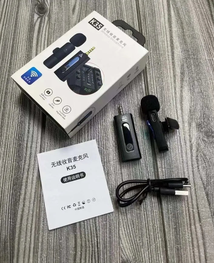 Wireless collar clip lavalier microphone with smartphone connector options for Type-C, Lightning, and 3.5mm jacks.