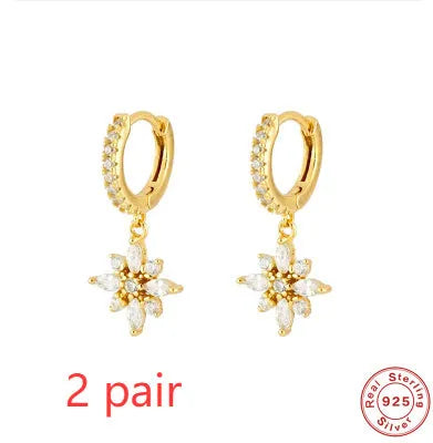 S925 sterling silver geometric snowflake earrings with gemstone inlays in gold colour options