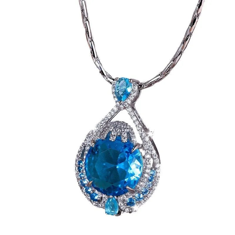 Women's blue crystal geometric pendant necklace with water wave chain and alloy construction