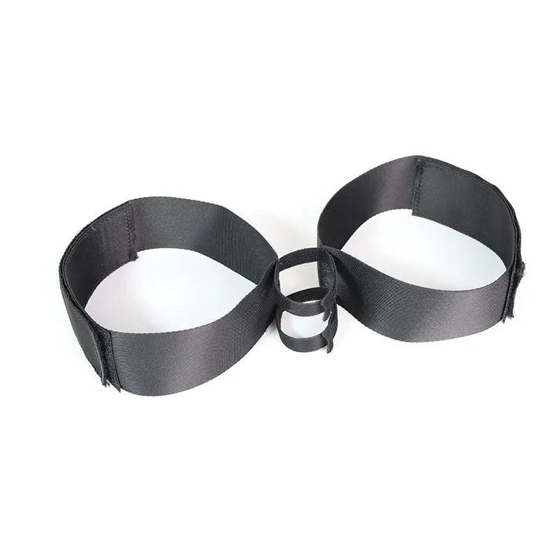 Black knitted intimate toy strap with adjustable fastening system for secure appliance attachment