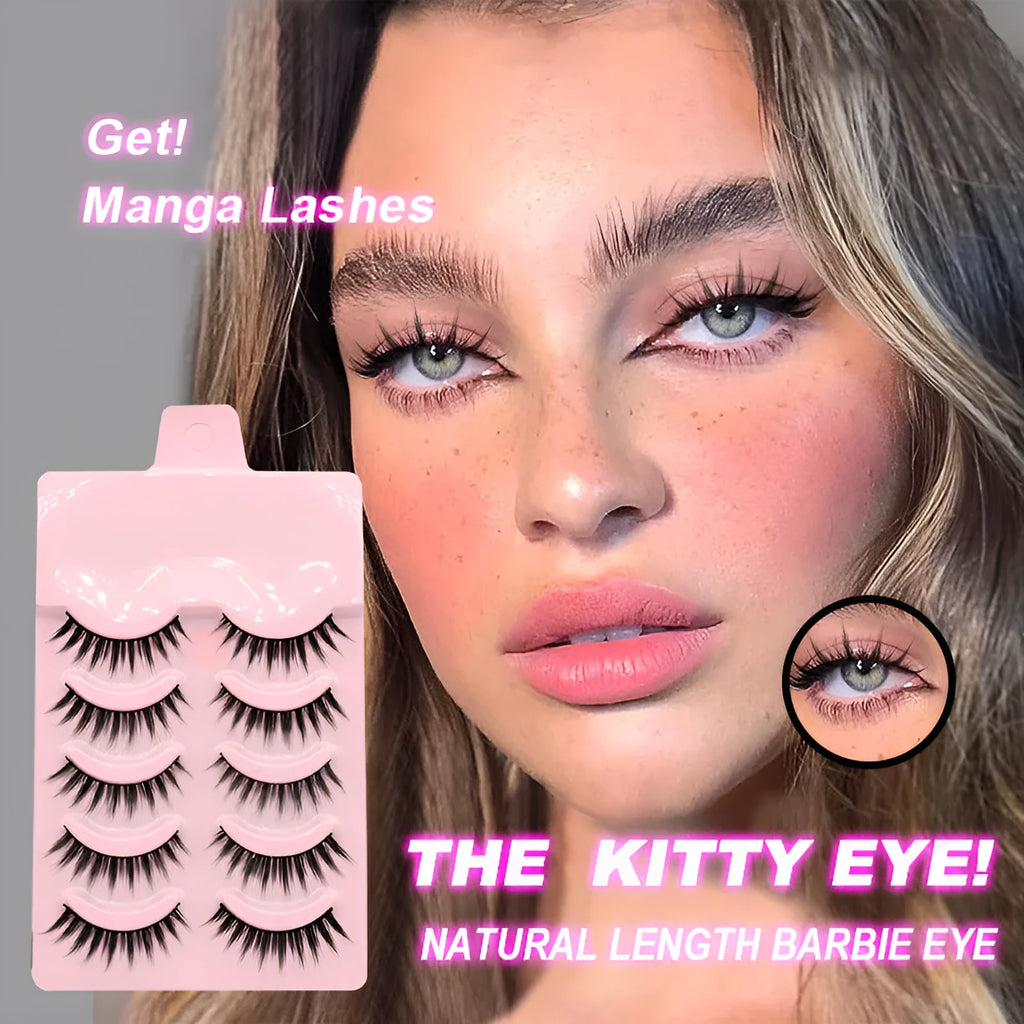 Set of five pairs of black wispy manga-style false eyelashes for anime cosplay and Korean makeup.
