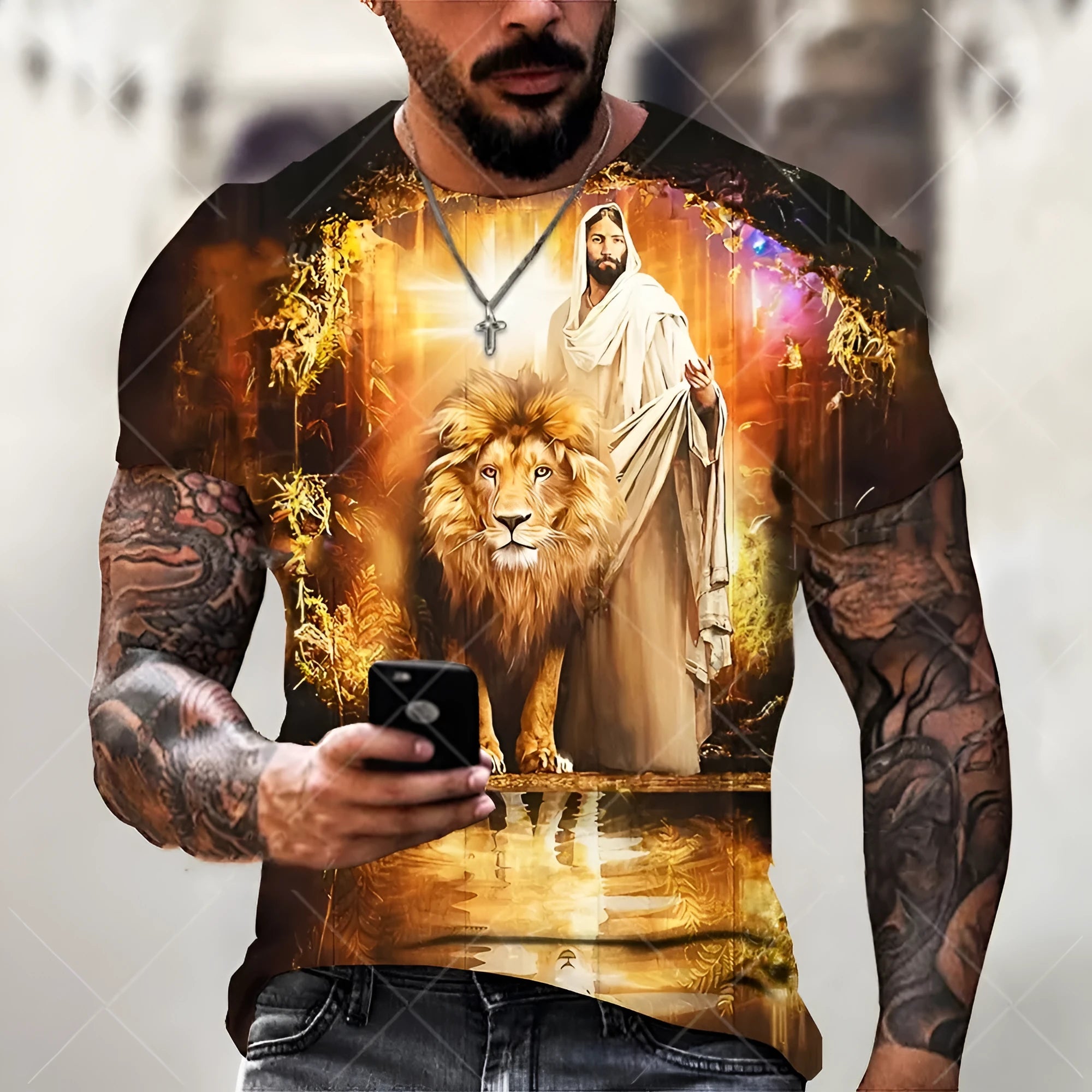 Men's grey T-shirt featuring a 3D printed Jesus design, short sleeves, made from breathable polyester.