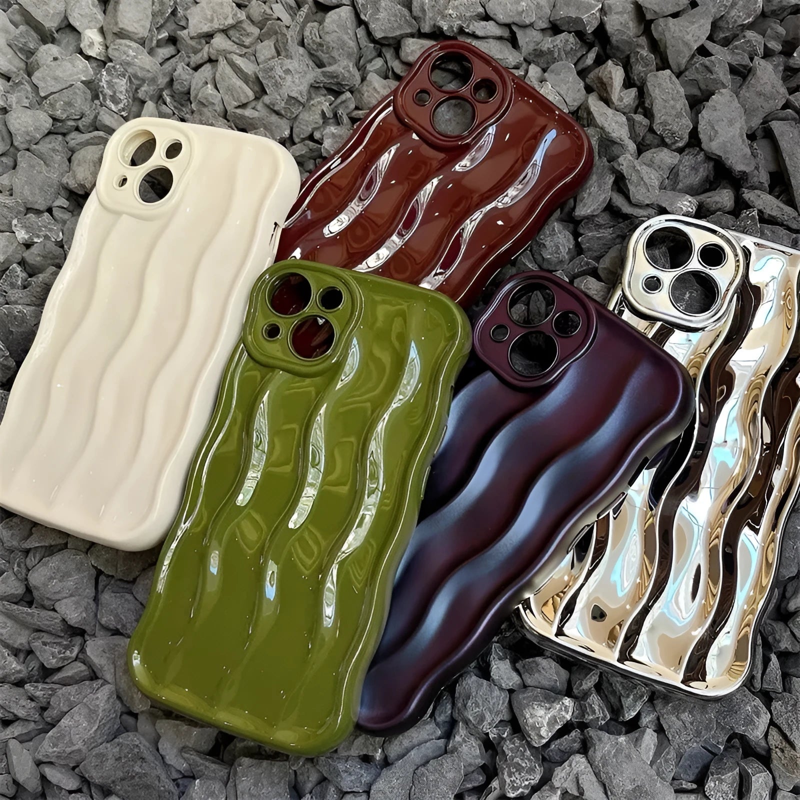 iPhone 17 silicone phone case with water ripple texture in green, purple, silver, beige, or burgundy