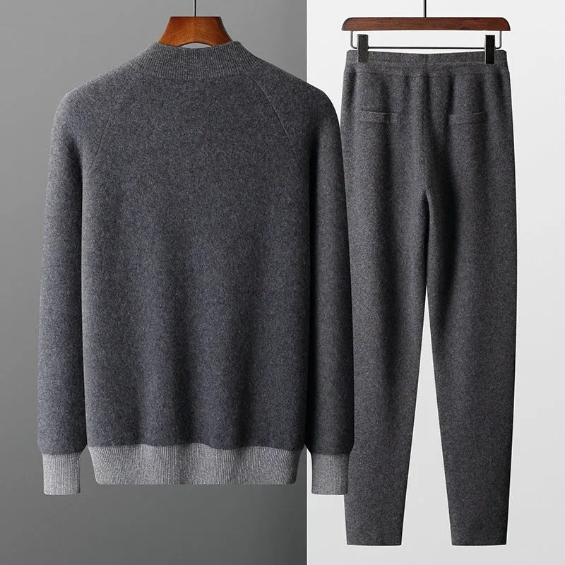 Men's cashmere wool blend knitted cardigan suit with long sleeve top and matching trousers