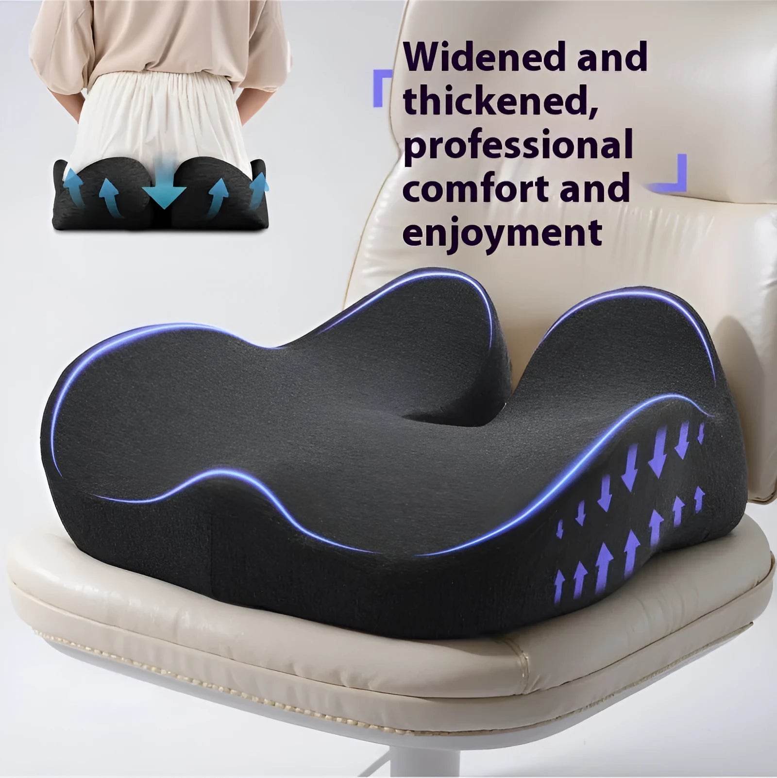 Memory foam office chair seat cushion in light grey, shown on a black office chair.