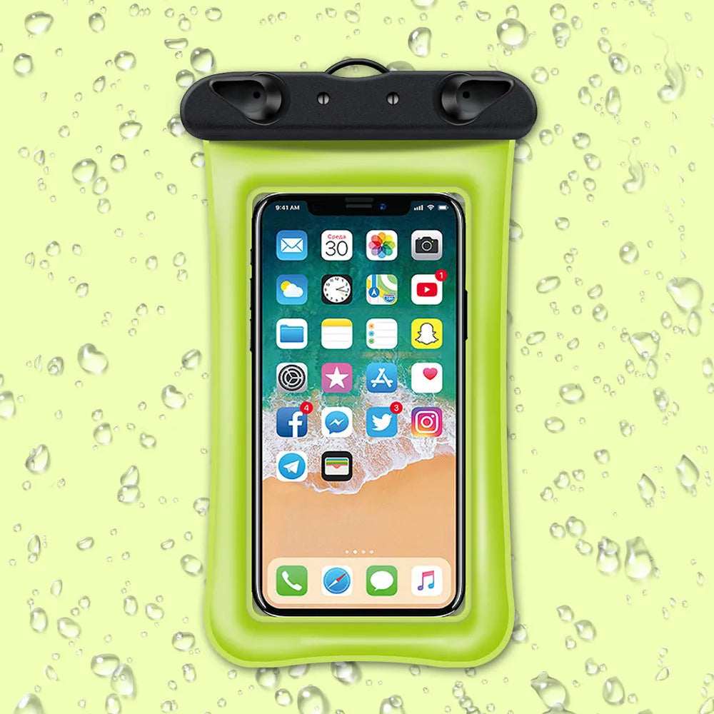 Orange waterproof phone pouch with double airbag design and a black lanyard.