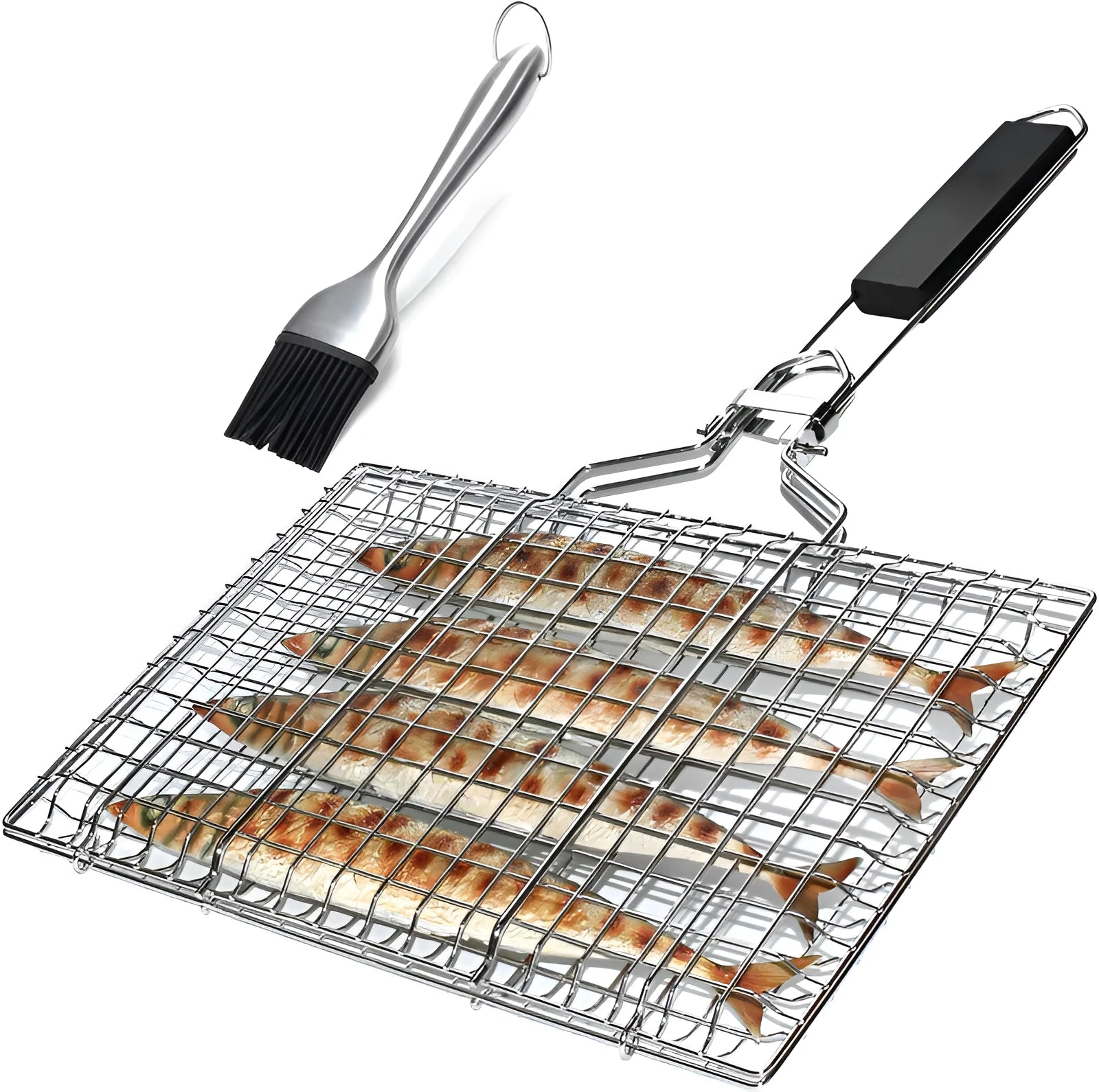 Square stainless steel folding barbecue mesh basket with a cleaning brush on a grill.