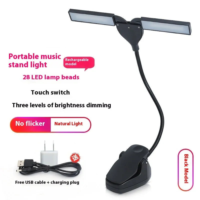 Black rechargeable music stand light with 28 LED lamps and USB cable