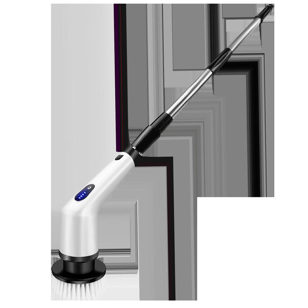 White rechargeable handheld cleaning brush with multiple plug options
