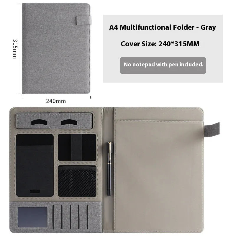 A4 leather business folder in black colour showing document storage and pen holder