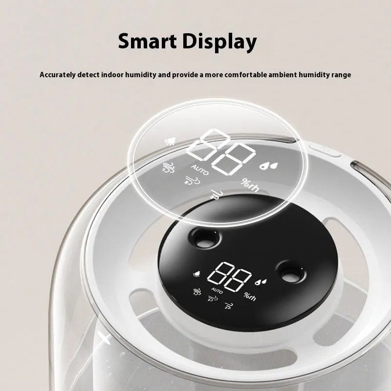 Round beige USB humidifier with digital display and dual mist nozzles