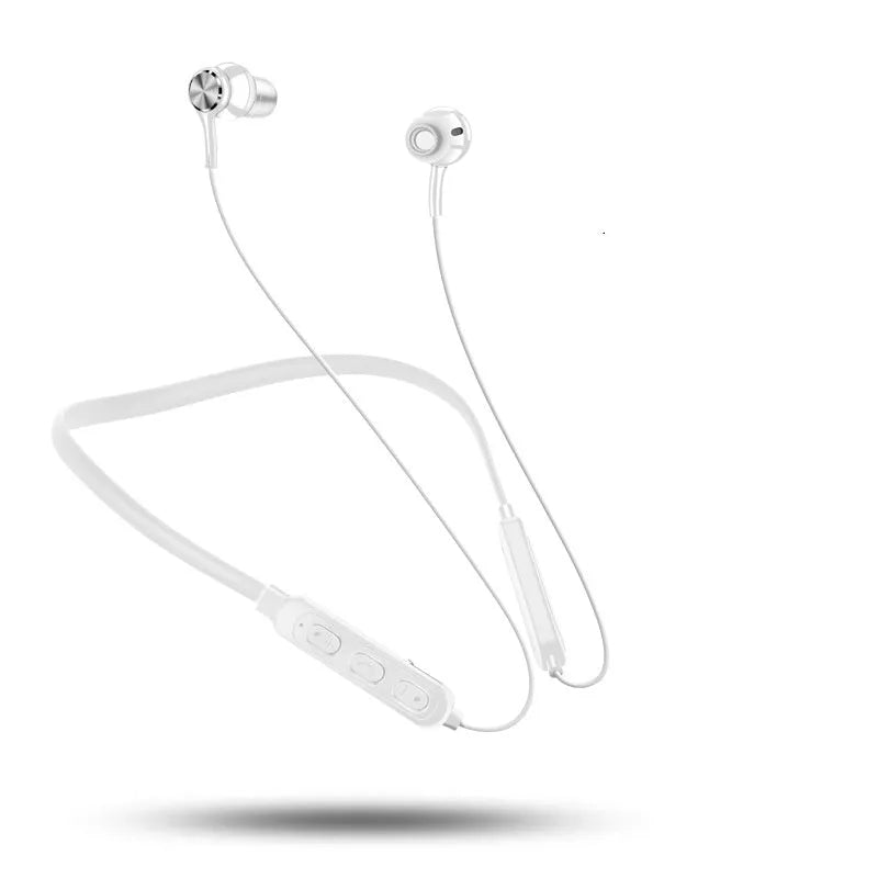 Red neckband sports Bluetooth earphones draped around a neck, showing earpieces and control module.