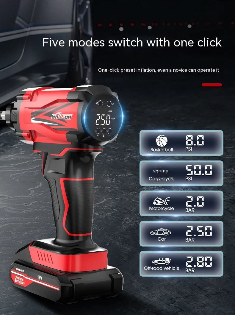 Red and black portable car tyre inflator with digital display, battery, and accessory nozzles on a grey background.