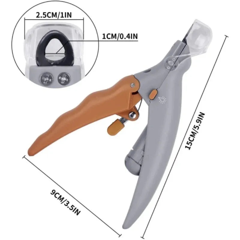 Yellow pet nail clipper with LED light, magnifying glass and safety guard for dog and cat grooming