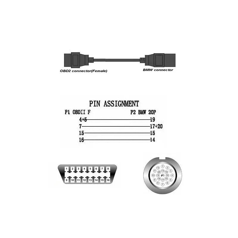 BMW 20 pin to OBD2 16 pin diagnostic adapter cable connector