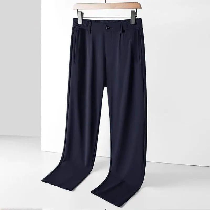 Men's ice silk straight leg trousers with elastic waist in black, dark blue and light grey colour options