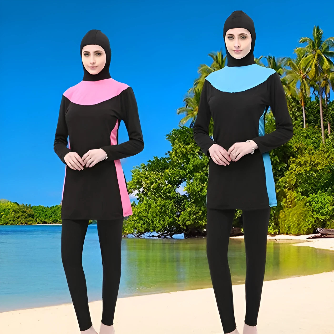 Black women's hooded long sleeve swimsuit top and pants set for swimming