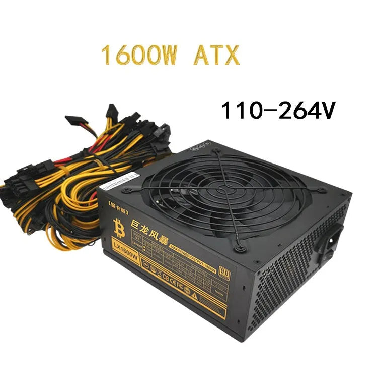 Black server power supply unit with multiple cable connectors including graphics card and D-type interfaces.