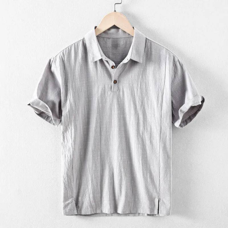 Men's loose fit linen and cotton casual shirt in a solid colour, shown in light grey.
