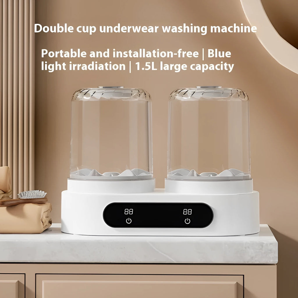 White double bucket mini washing machine with USB cable for portable small item laundry