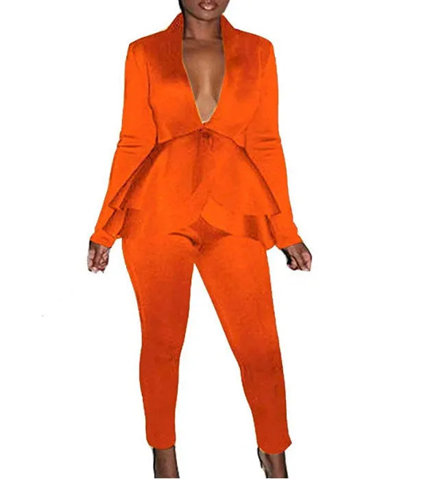 Women's ruffled blouse and pencil trousers business casual pantsuit in eight colour options