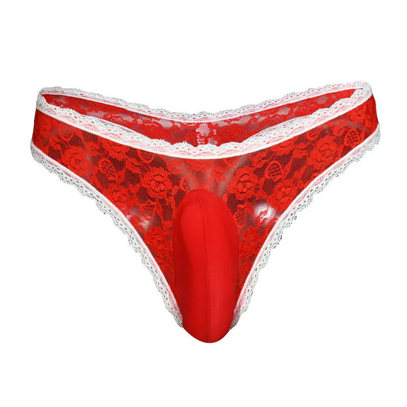 Men's black lace triangle briefs with vertical pouch design and low waist