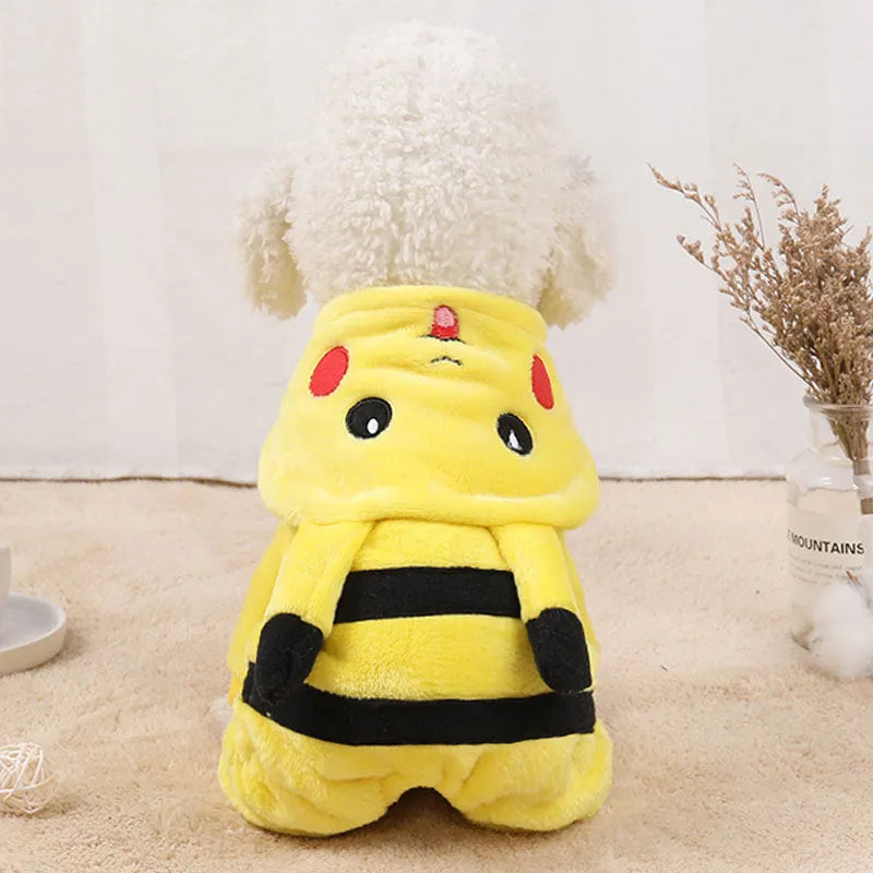 Fleece hooded pet coat for dogs and cats in cartoon design, available in six sizes