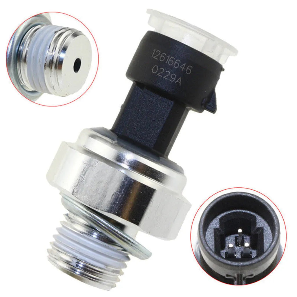 Oil pressure sensor for Buick and Chevrolet vehicles, part numbers 12573107 12567323 visible.