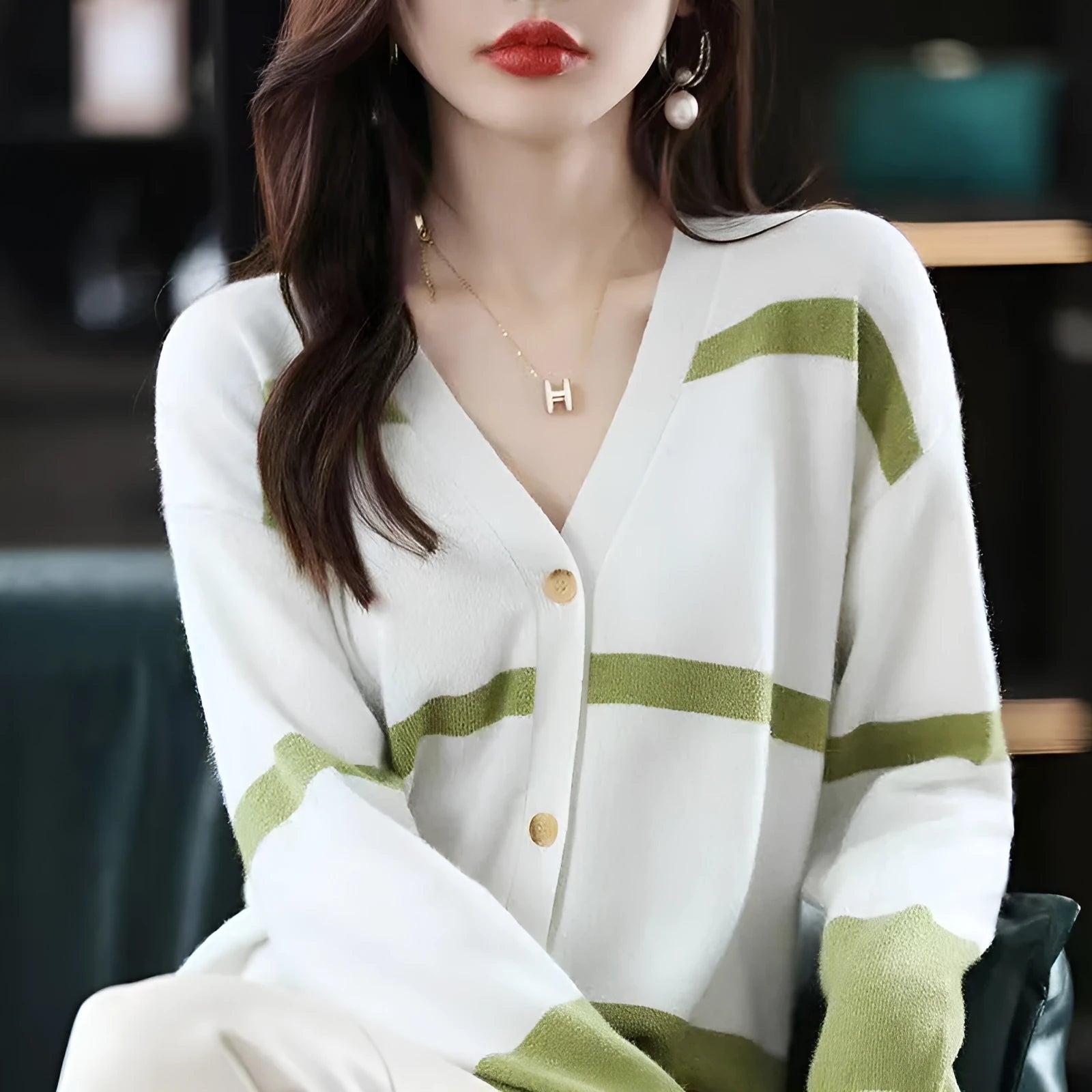 Women's striped V-neck knitted cardigan with 3D pattern in slim fit silhouette