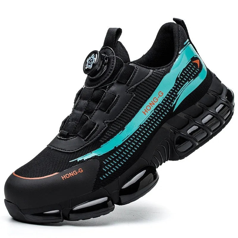 Lightweight black and grey safety shoes with steel toe cap and breathable flyknit upper for industrial work.