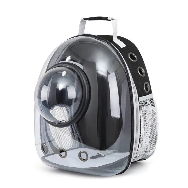 Grey PC astronaut-style pet carrier backpack with side-opening door for a cat.
